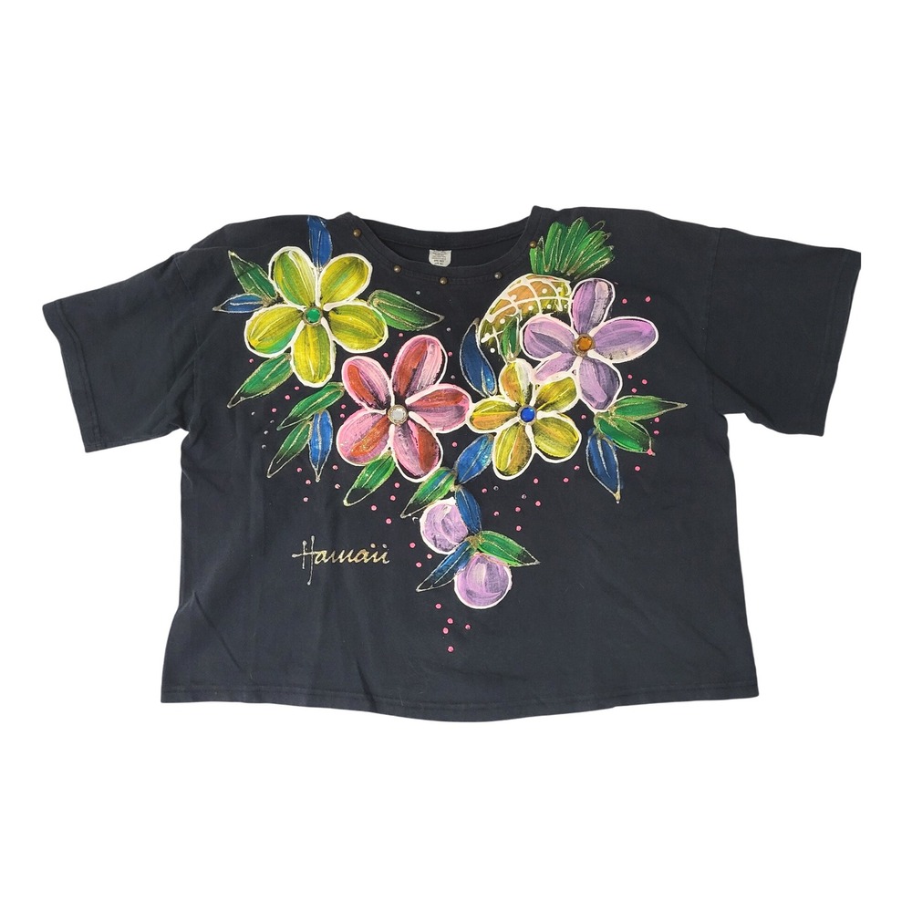 Vintage 80s 90s Hawaii Hand Painted Floral Rhinestone‎ Embellished T Shirt OS